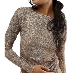 NWT Intimately Free People Gold Rush Sequin Long Sleeve Top S Semi Sheer Glam